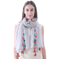 Embroidered Floral Tassel Scarf