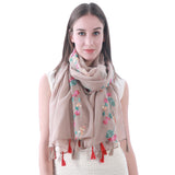 Embroidered Floral Tassel Scarf