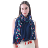 Embroidered Floral Tassel Scarf